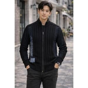 Men's black knit full-zip cardigan sweater wool blend Circle du Solei Sz S